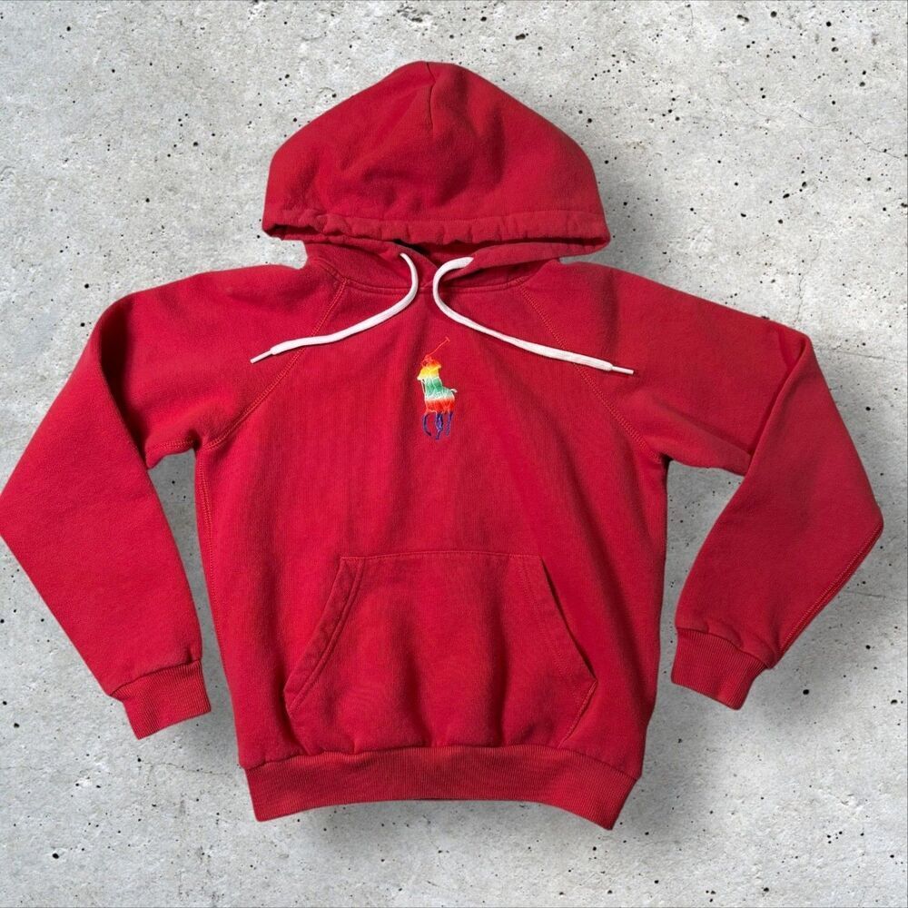 Polo Ralph Lauren Rainbow Pony Hoodie Youth Small Red Embroidered Logo Pullover